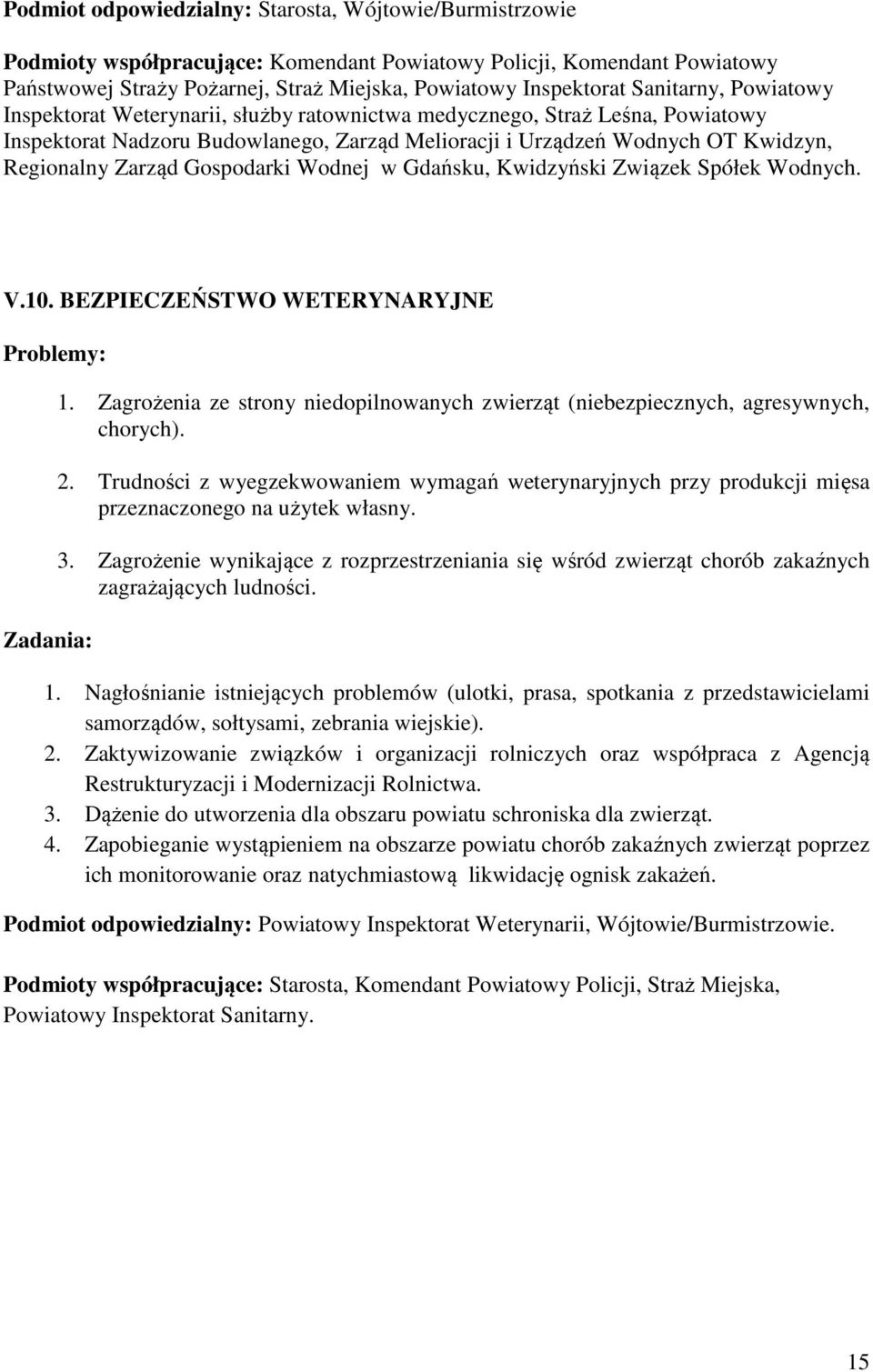 Gospodarki Wodnej w Gdańsku, Kwidzyński Związek Spółek Wodnych. V.10. BEZPIECZEŃSTWO WETERYNARYJNE Zadania: 1. Zagrożenia ze strony niedopilnowanych zwierząt (niebezpiecznych, agresywnych, chorych).