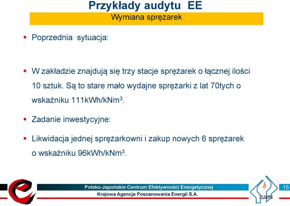 Są to stare mało wydajne sprężarki z lat 70tych o wskaźniku 111kWh/kNm 3.