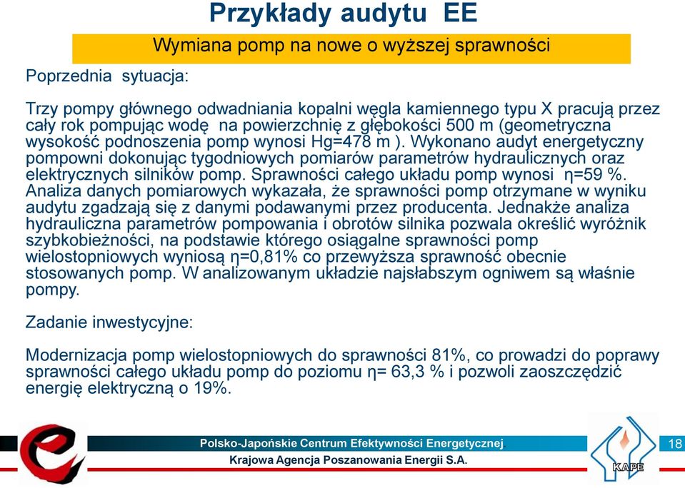 Wykonano audyt energetyczny pompowni dokonując tygodniowych pomiarów parametrów hydraulicznych oraz elektrycznych silników pomp. Sprawności całego układu pomp wynosi η=59 %.