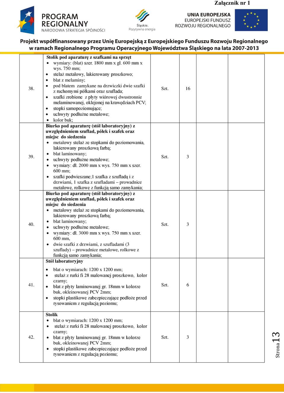 melaminowanej, oklejonej na krawędziach PCV; stopki samopoziomujące; uchwyty podłużne metalowe; kolor buk; Biurko pod aparaturę (stół laboratoryjny) z uwzględnieniem szuflad, półek i szafek oraz