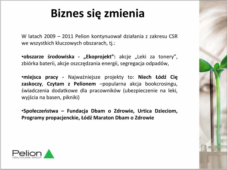 - Najważniejsze projekty to: Niech Łódź Cię zaskoczy, Czytam z Pelionem popularna akcja bookcrosingu, świadczenia dodatkowe dla