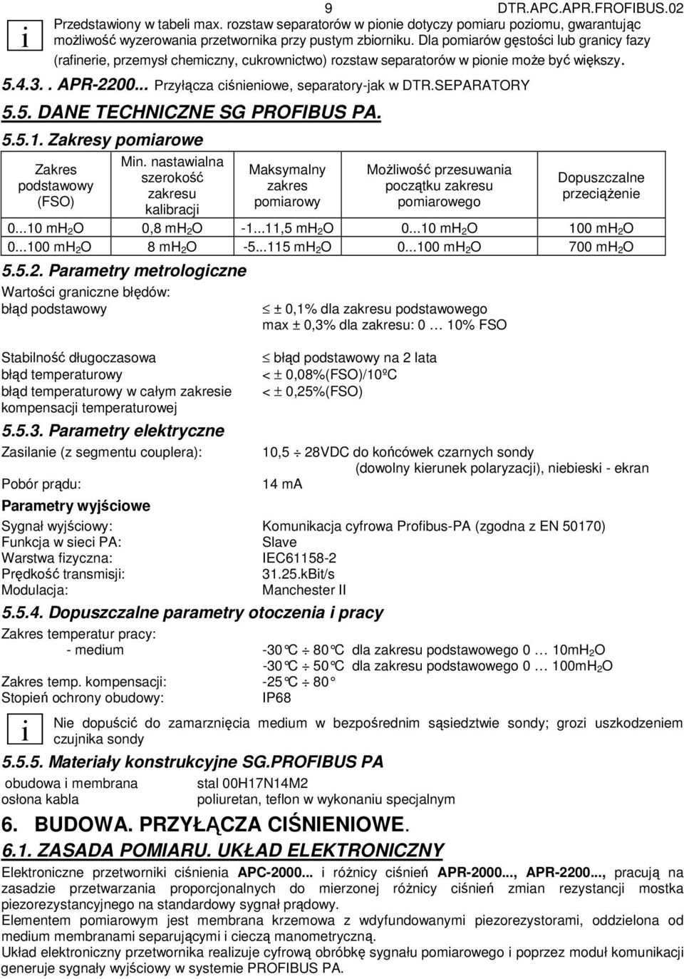 SEPARATORY 5.5. DANE TECHNICZNE SG PROFIBUS PA. 5.5.1. Zakresy pomiarowe Zakres podstawowy (FSO) Min.