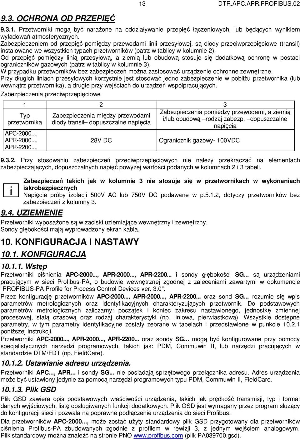 Od przepięć pomiędzy linią przesyłową, a ziemią lub obudową stosuje się dodatkową ochronę w postaci ograniczników gazowych (patrz w tablicy w kolumnie 3).