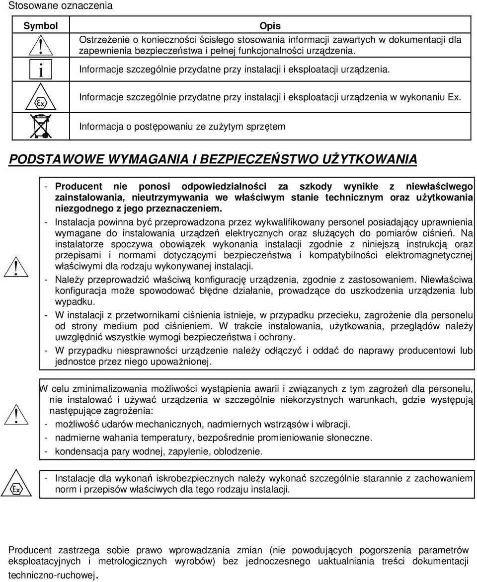 Informacja o postępowaniu ze zuŝytym sprzętem PODSTAWOWE WYMAGANIA I BEZPIECZEŃSTWO UśYTKOWANIA - Producent nie ponosi odpowiedzialności za szkody wynikłe z niewłaściwego zainstalowania,