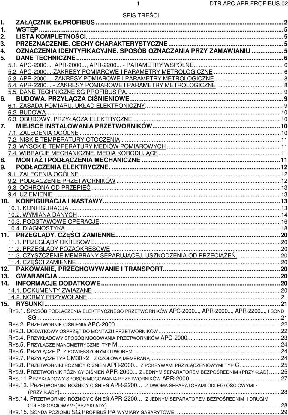 APR-2000..., ZAKRESY POMIAROWE I PARAMETRY METROLOGICZNE... 8 5.4. APR-2200... - ZAKRESY POMIAROWE I PARAMETRY METROLOGICZNE... 8 5.5. DANE TECHNICZNE SG PROFIBUS PA.... 9 6. BUDOWA.
