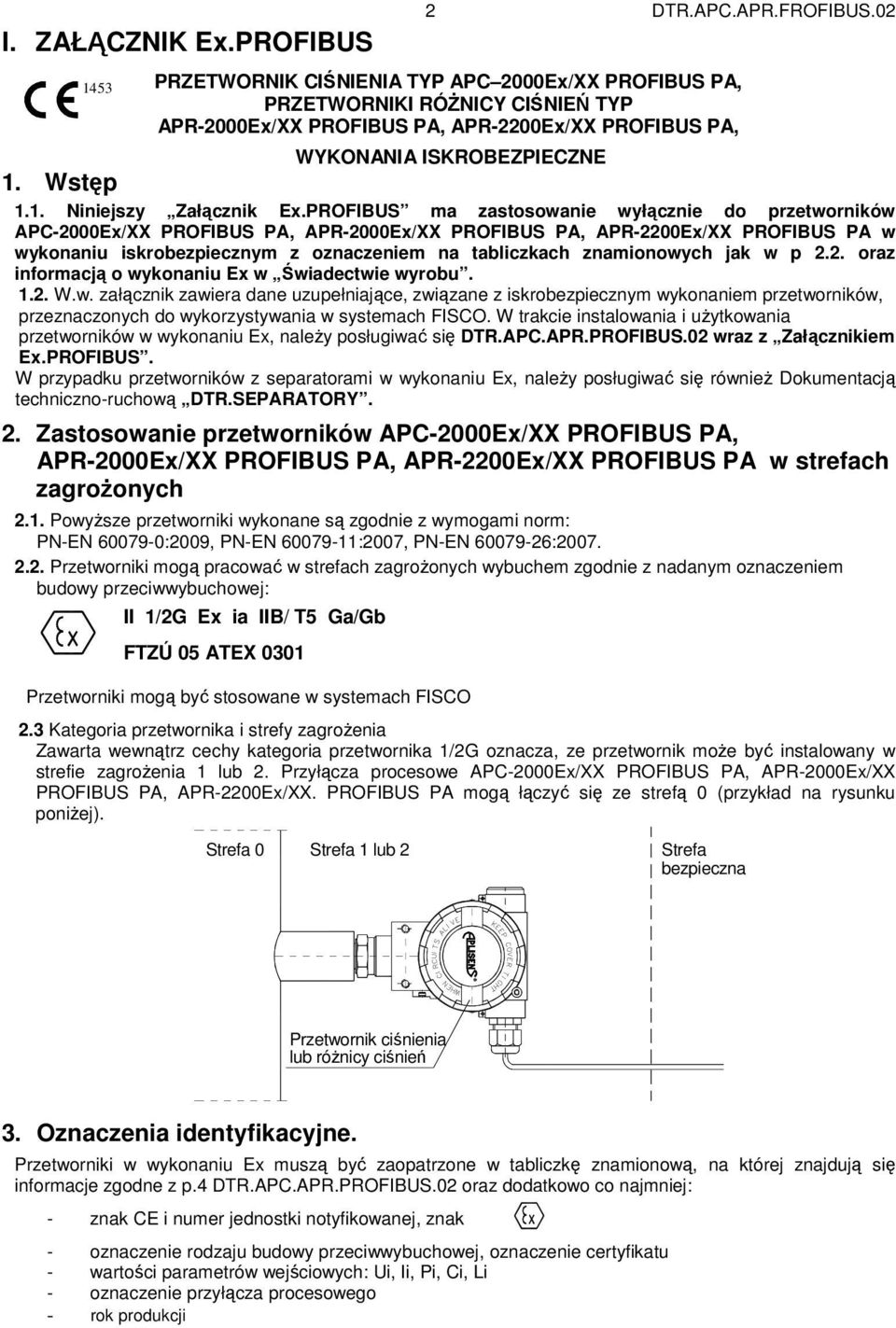 PROFIBUS ma zastosowanie wyłącznie do przetworników APC-2000Ex/XX PROFIBUS PA, APR-2000Ex/XX PROFIBUS PA, APR-2200Ex/XX PROFIBUS PA w wykonaniu iskrobezpiecznym z oznaczeniem na tabliczkach