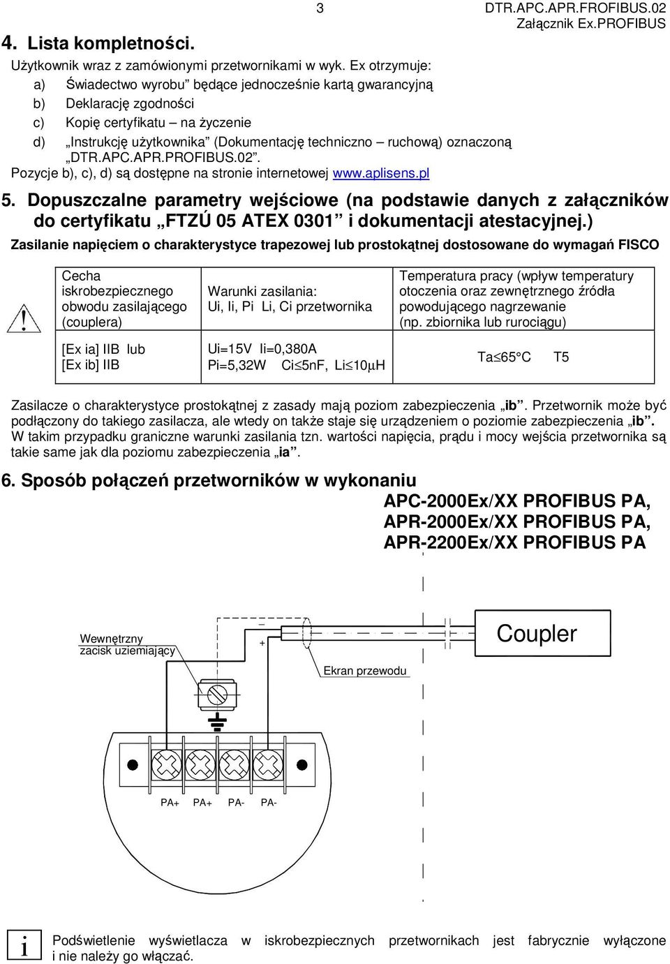 DTR.APC.APR.PROFIBUS.02. Pozycje b), c), d) są dostępne na stronie internetowej www.aplisens.pl 5.