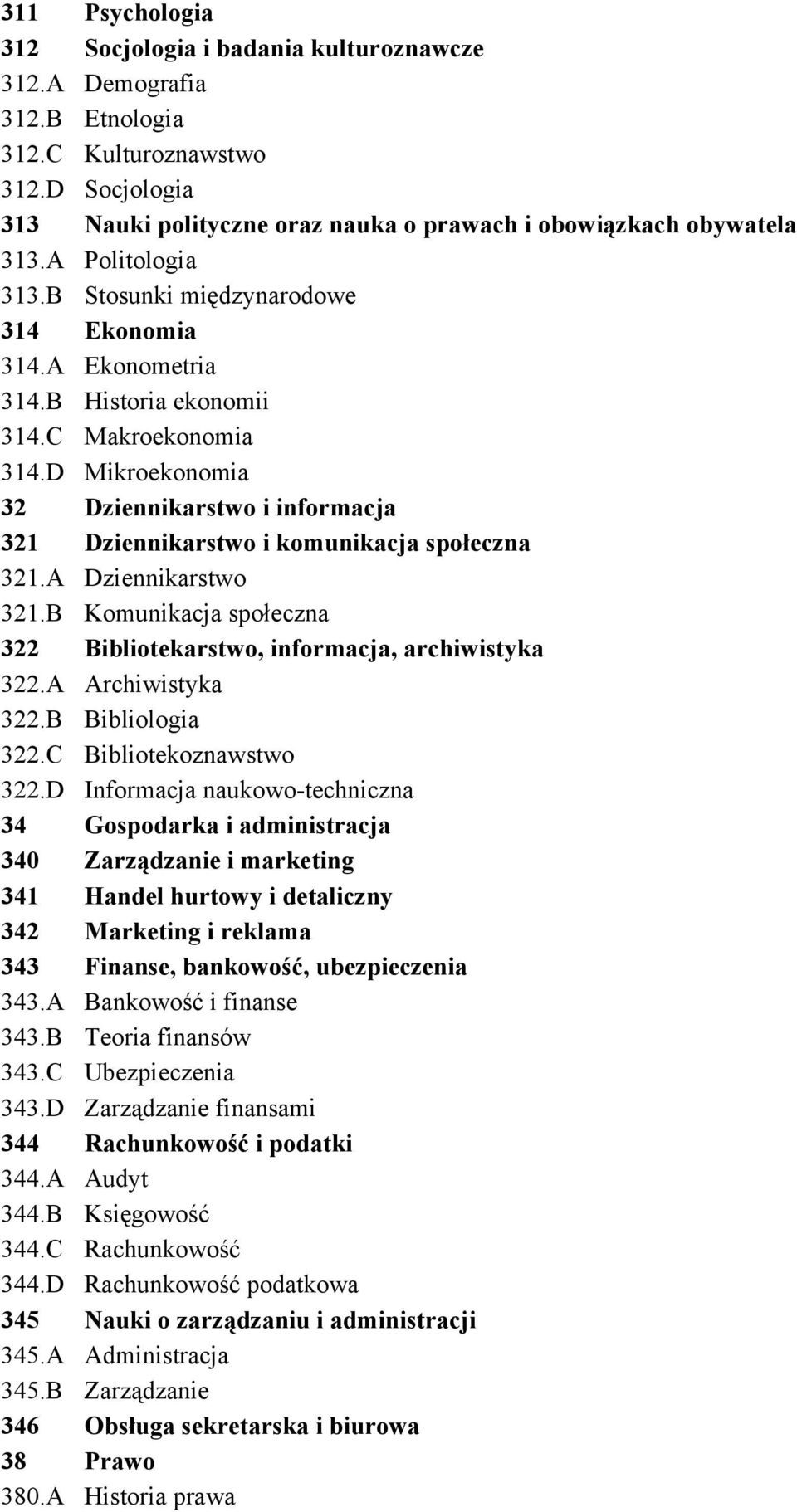 D Mikroekonomia 32 Dziennikarstwo i informacja 321 Dziennikarstwo i komunikacja społeczna 321.A Dziennikarstwo 321.B Komunikacja społeczna 322 Bibliotekarstwo, informacja, archiwistyka 322.