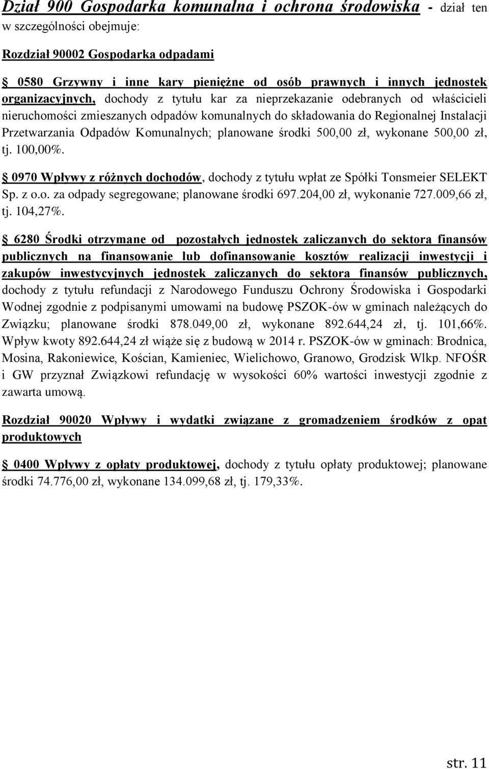 Komunalnych; planowane środki 500,00 zł, wykonane 500,00 zł, tj. 100,00%. 0970 Wpływy z różnych dochodów, dochody z tytułu wpłat ze Spółki Tonsmeier SELEKT Sp. z o.o. za odpady segregowane; planowane środki 697.