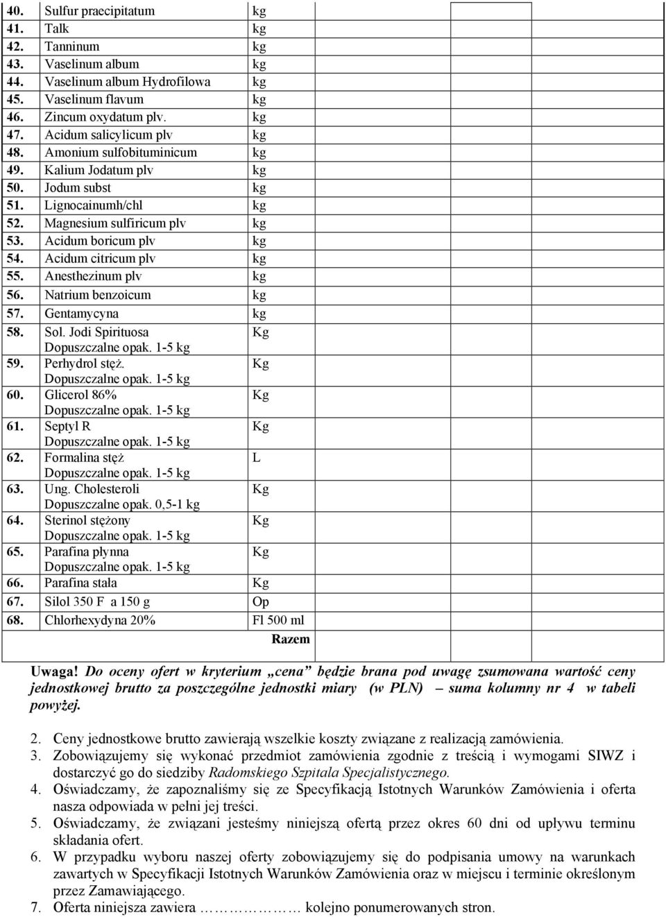 Anesthezinum plv kg 56. Natrium benzoicum kg 57. Gentamycyna kg 58. Sol. Jodi Spirituosa Kg Dopuszczalne opak. 1-5 kg 59. Perhydrol stęż. Kg Dopuszczalne opak. 1-5 kg 60.