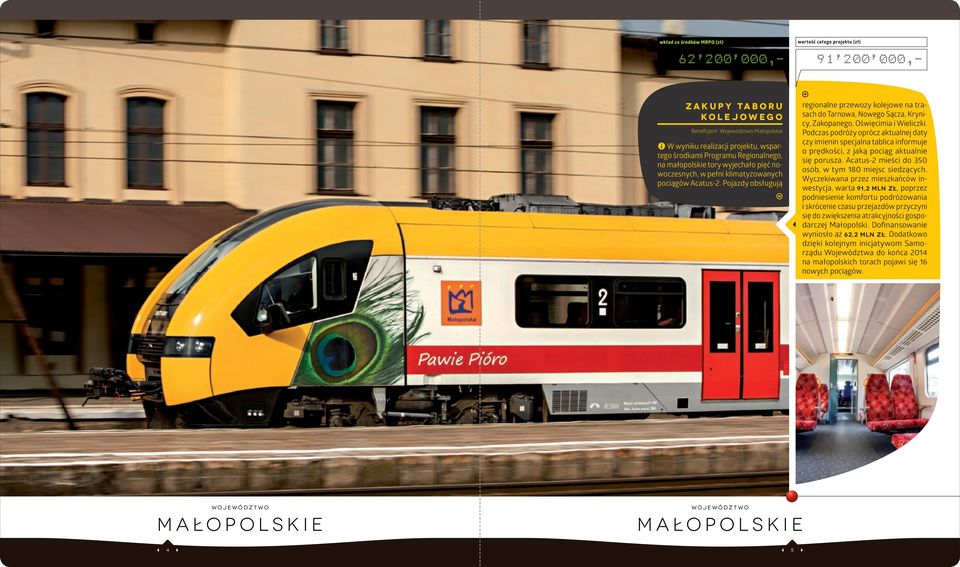 Podczas podróży oprócz aktualnej daty czy imienin specjalna tablica informuje o prędkości, z jaką pociąg aktualnie się porusza. Acatus-2 mieści do 350 osób, w tym 180 miejsc siedzących.