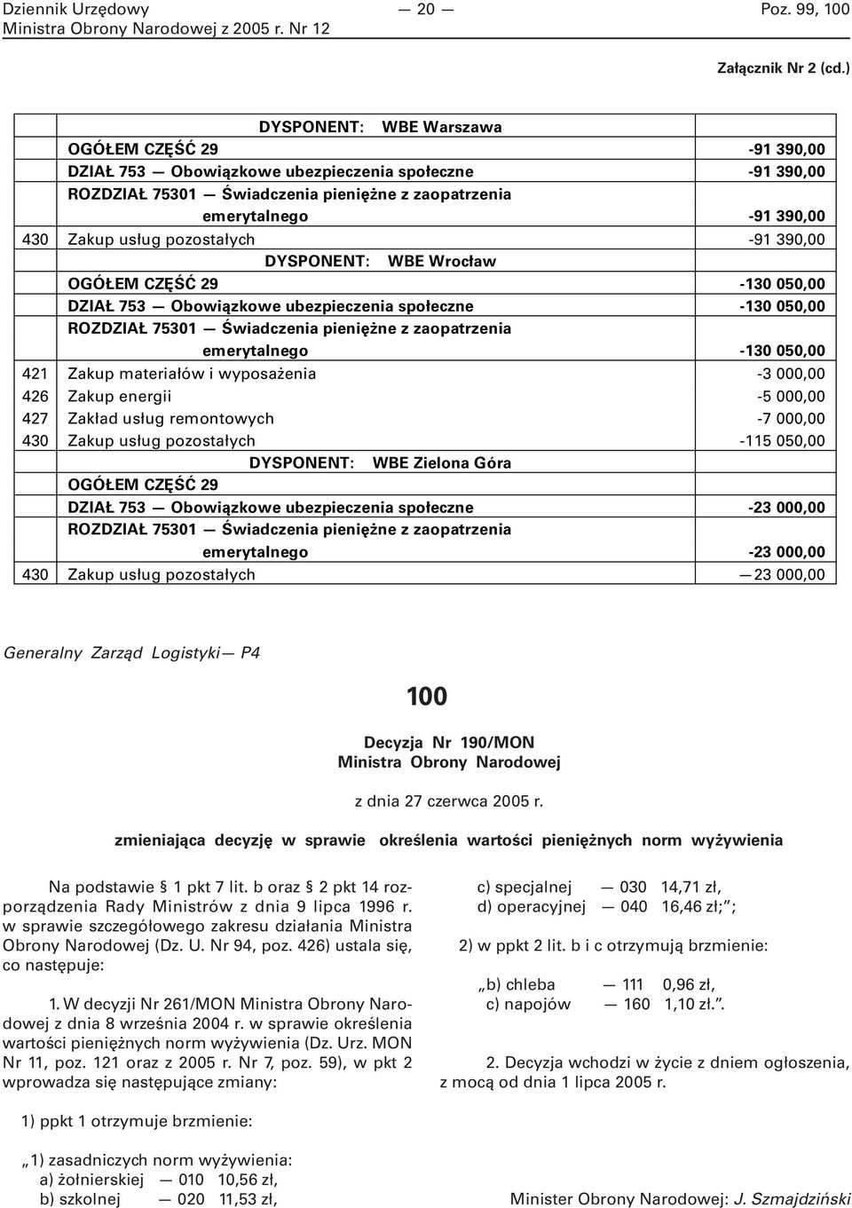 usług pozostałych -91 390,00 DYSPONENT: WBE Wrocław OGÓŁEM CZĘŚĆ 29-130 050,00 DZIAŁ 753 Obowiązkowe ubezpieczenia społeczne -130 050,00 ROZDZIAŁ 75301 Świadczenia pieniężne z zaopatrzenia
