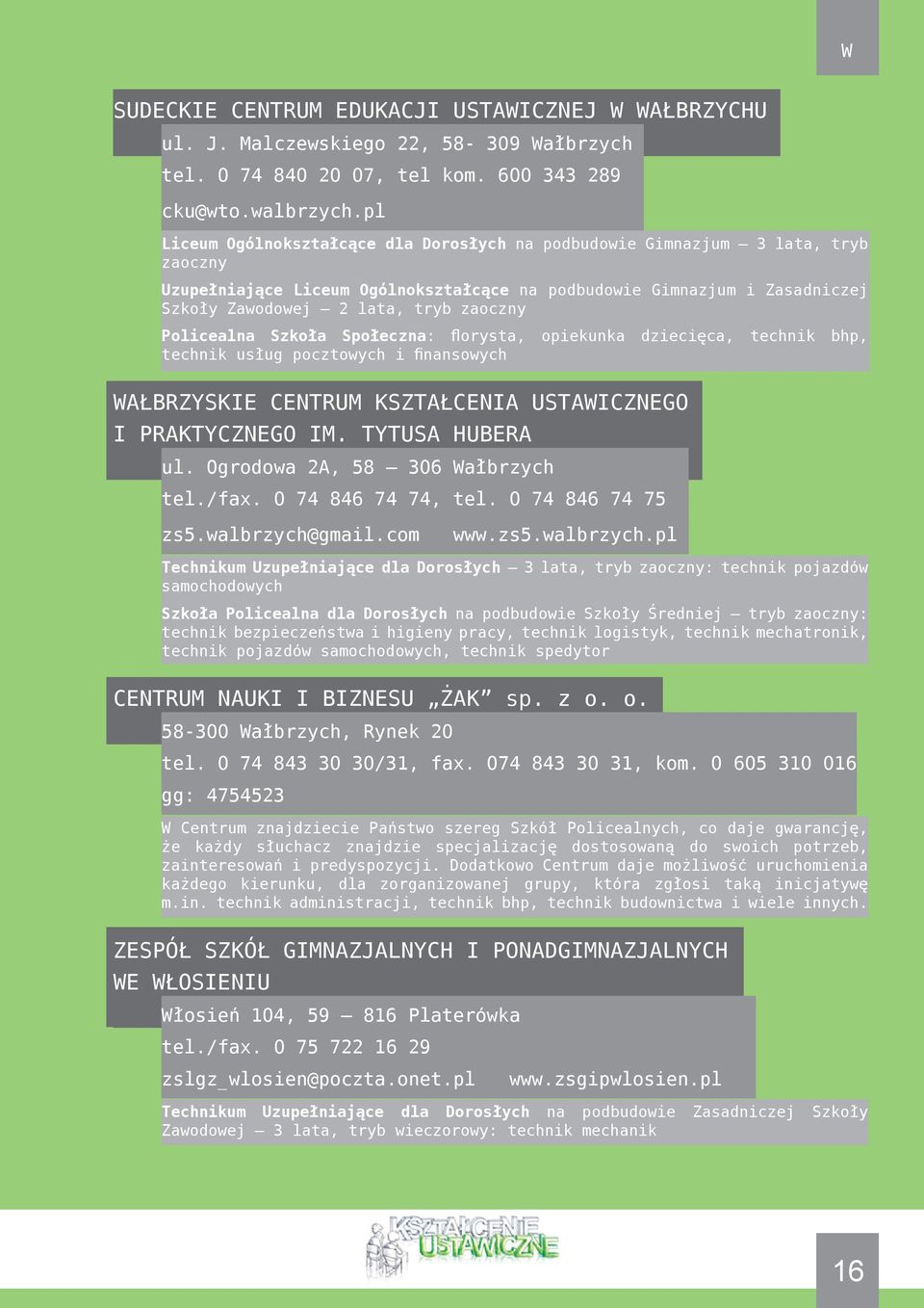 Policealna Szkoła Społeczna: florysta, opiekunka dziecięca, technik bhp, technik usług pocztowych i finansowych WAŁBRZYSKIE CENTRUM KSZTAŁCENIA USTAWICZNEGO I PRAKTYCZNEGO IM. TYTUSA HUBERA ul.