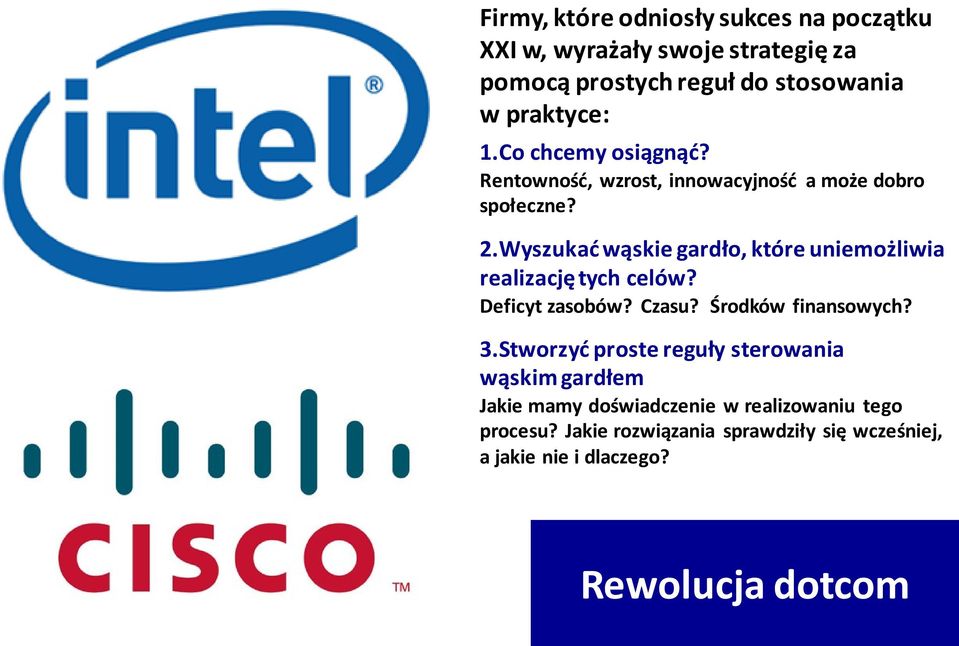 Wyszukać wąskie gardło, które uniemożliwia realizację tych celów? Deficyt zasobów? Czasu? Środków finansowych? 3.