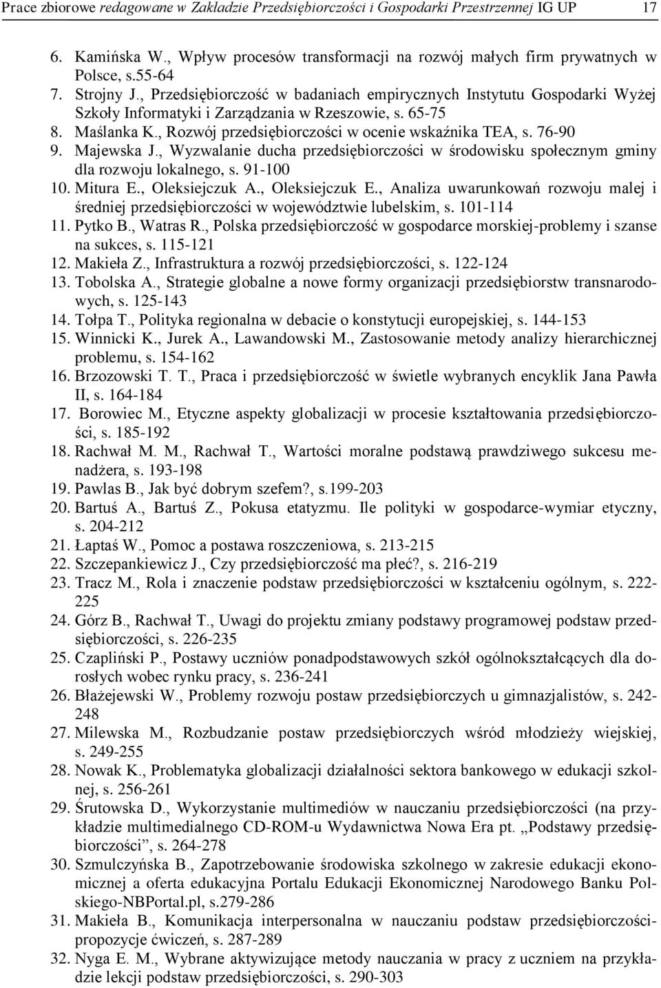 , Rozwój przedsiębiorczości w ocenie wskaźnika TEA, s. 76-90 9. Majewska J., Wyzwalanie ducha przedsiębiorczości w środowisku społecznym gminy dla rozwoju lokalnego, s. 91-100 10. Mitura E.
