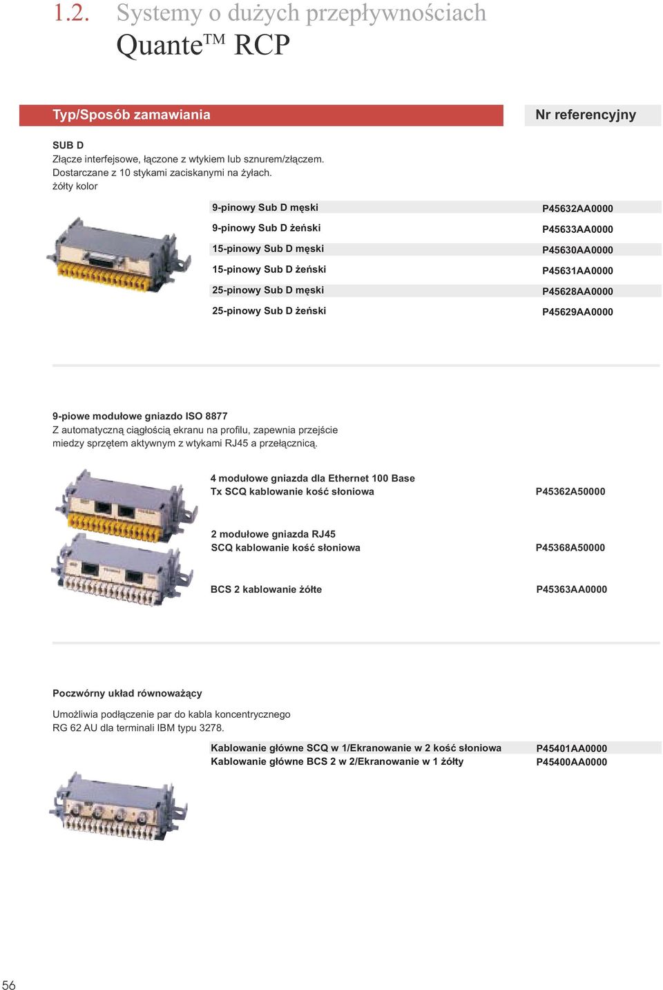 P45628AA0000 P45629AA0000 9-piowe modu³owe gniazdo ISO 8877 Z automatyczn¹ ci¹g³oœci¹ ekranu na profilu, zapewnia przejœcie miedzy sprzêtem aktywnym z wtykami RJ45 a prze³¹cznic¹.