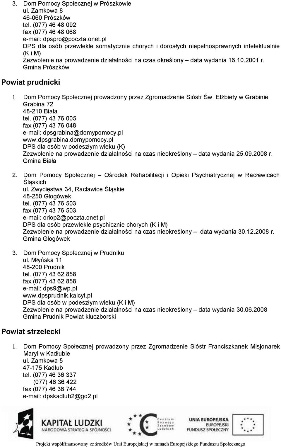 Gmina Prószków Powiat prudnicki 1. Dom Pomocy Społecznej prowadzony przez Zgromadzenie Sióstr Św. Elżbiety w Grabinie Grabina 72 48-210 Biała tel.