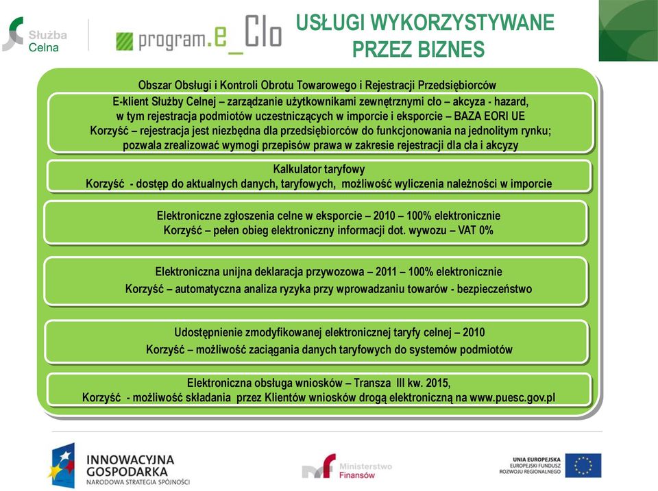 przepisów prawa w zakresie rejestracji dla cła i akcyzy Kalkulator taryfowy Korzyść - dostęp do aktualnych danych, taryfowych, możliwość wyliczenia należności w imporcie Elektroniczne zgłoszenia