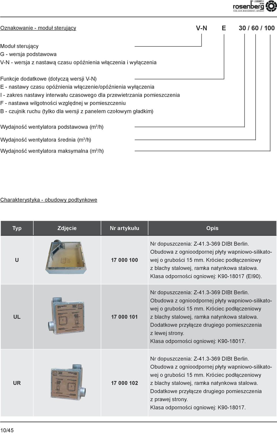 (tylko dla wersji z panelem czołowym gładkim) Wydajność wentylatora podstawowa (m 3 /h) Wydajność wentylatora średnia (m 3 /h) Wydajność wentylatora maksymalna (m 3 /h) Charakterystyka - obudowy