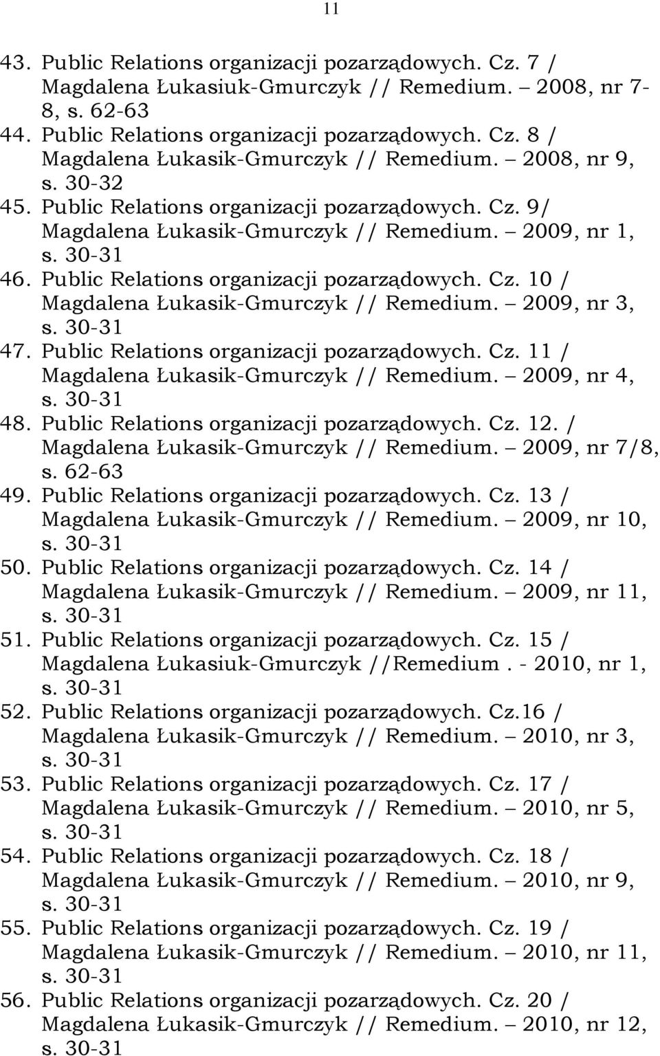 2009, nr 3, 47. Public Relations organizacji pozarządowych. Cz. 11 / Magdalena Łukasik-Gmurczyk // Remedium. 2009, nr 4, 48. Public Relations organizacji pozarządowych. Cz. 12.