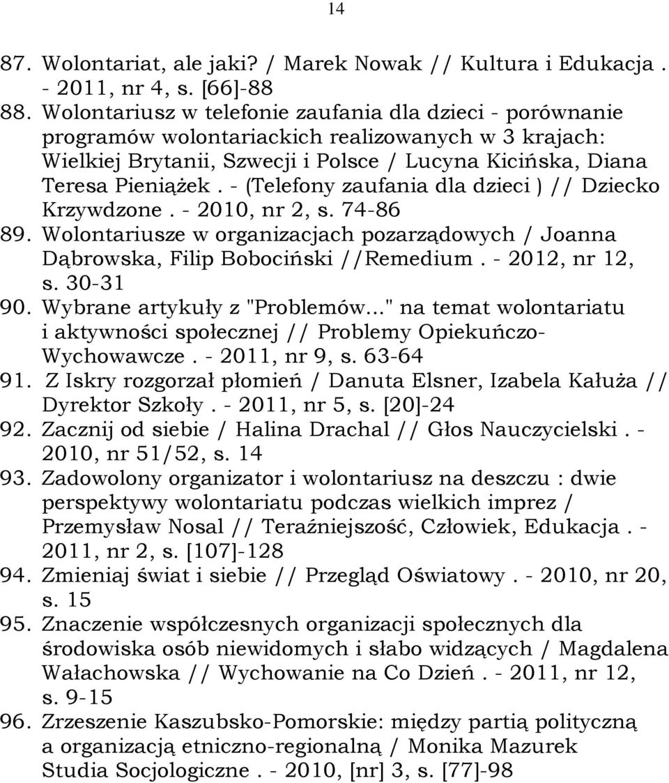 - (Telefony zaufania dla dzieci ) // Dziecko Krzywdzone. - 2010, nr 2, s. 74-86 89. Wolontariusze w organizacjach pozarządowych / Joanna Dąbrowska, Filip Bobociński //Remedium. - 2012, nr 12, 90.