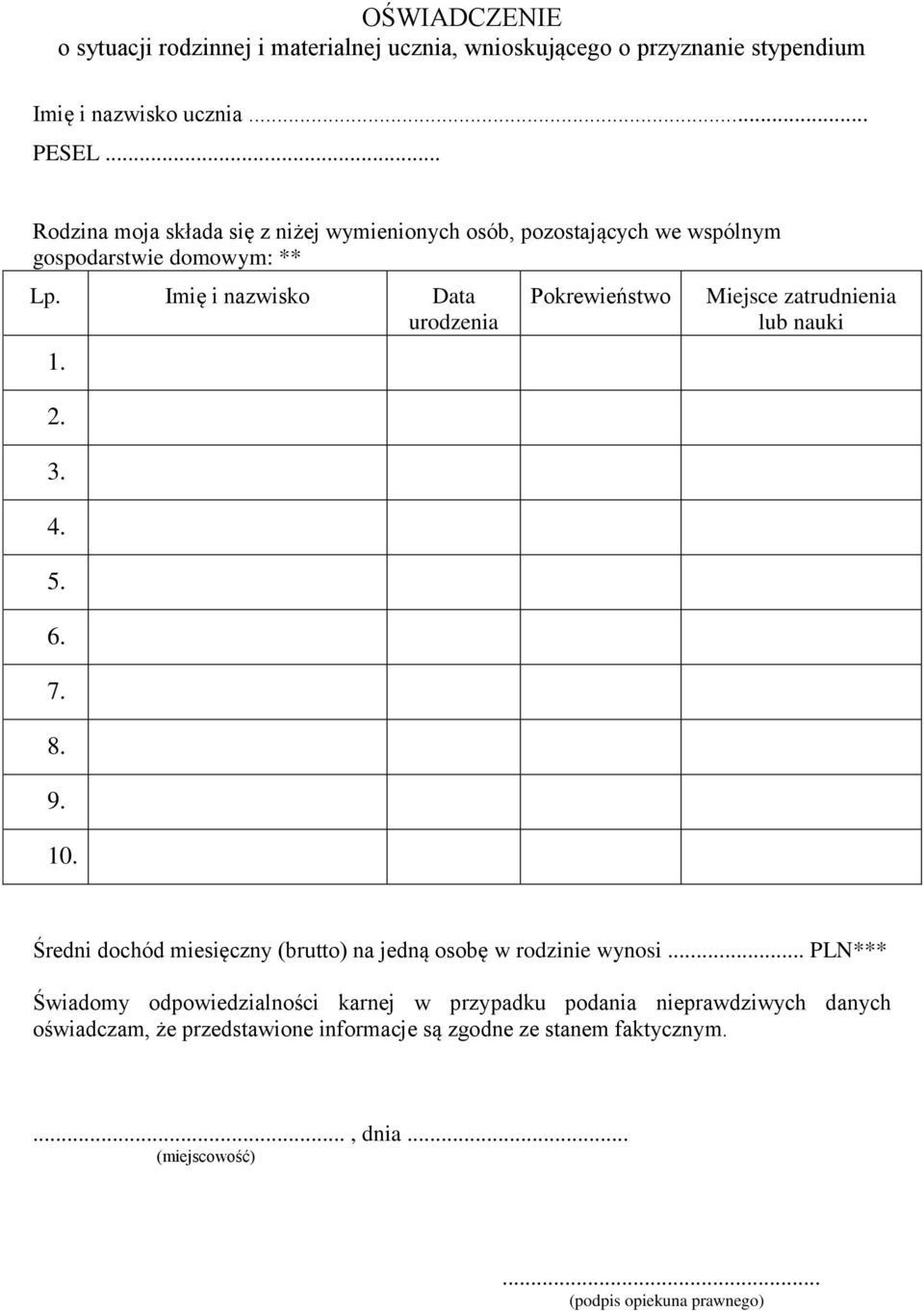 6. 7. 8. 9. 10. Pokrewieństwo Miejsce zatrudnienia lub nauki Średni dochód miesięczny (brutto) na jedną osobę w rodzinie wynosi.