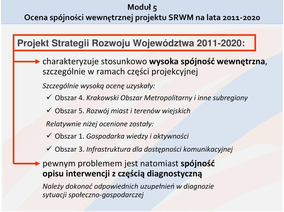 Krakowski Obszar Metropolitarny i inne subregiony Obszar 5. Rozwój miast i terenów wiejskich Relatywnie niżej ocenione zostały: Obszar 1.