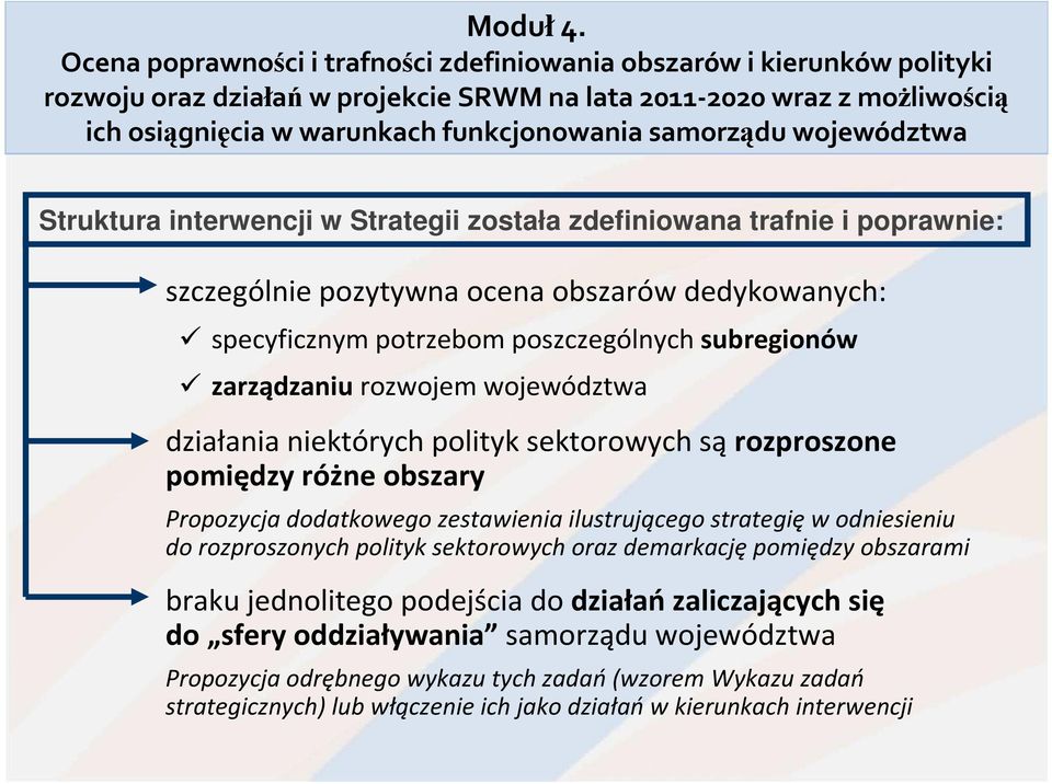 samorządu województwa Struktura interwencji w Strategii została zdefiniowana trafnie i poprawnie: szczególnie pozytywna ocena obszarów dedykowanych: specyficznym potrzebom poszczególnych subregionów