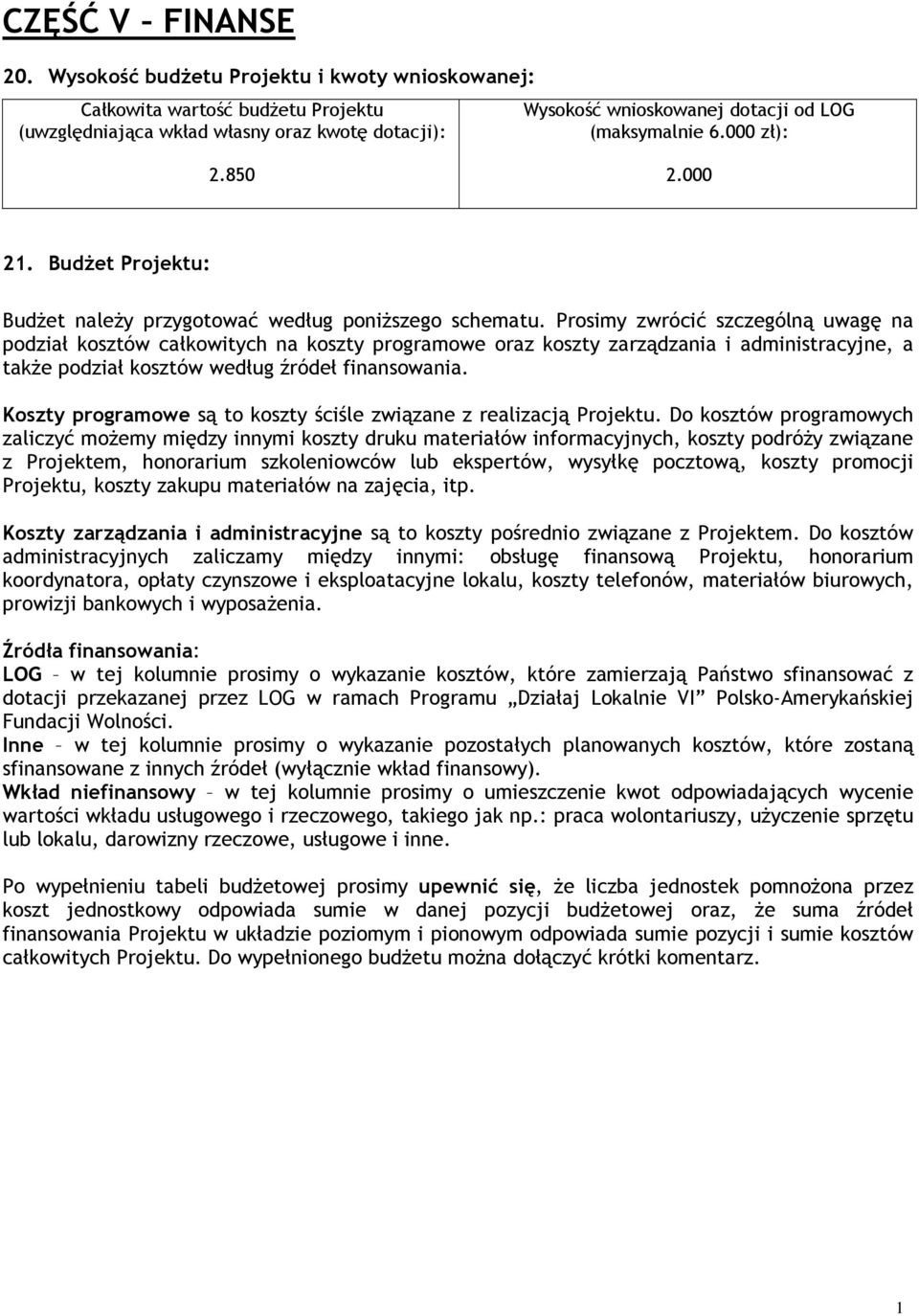 850 2.000 21. BudŜet Projektu: BudŜet naleŝy przygotować według poniŝszego schematu.