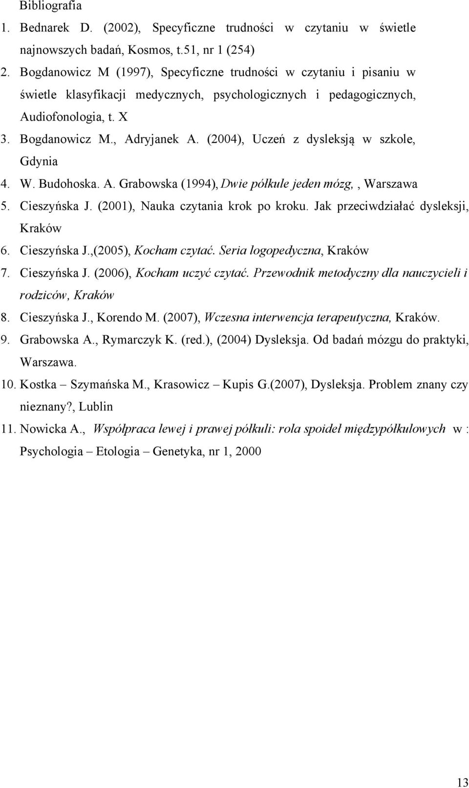 (2004), Uczeń z dysleksją w szkole, Gdynia 4. W. Budohoska. A. Grabowska (1994), Dwie półkule jeden mózg,, Warszawa 5. Cieszyńska J. (2001), Nauka czytania krok po kroku.