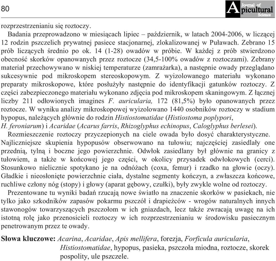 Zebrano 15 prób licz¹cych œrednio po ok. 14 (1-28) owadów w próbie. W ka dej z prób stwierdzono obecnoœæ skorków opanowanych przez roztocze (34,5-100% owadów z roztoczami).