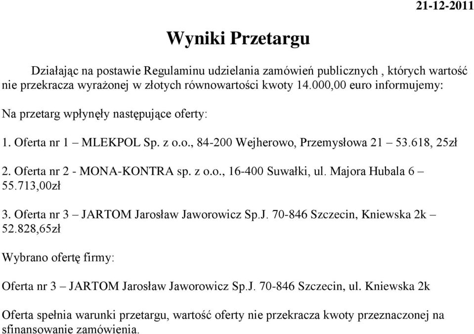 Oferta nr 2 - MONA-KONTRA sp. z o.o., 16-400 Suwałki, ul. Majora Hubala 6 55.713,00zł 3. Oferta nr 3 JARTOM Jarosław Jaworowicz Sp.J. 70-846 Szczecin, Kniewska 2k 52.