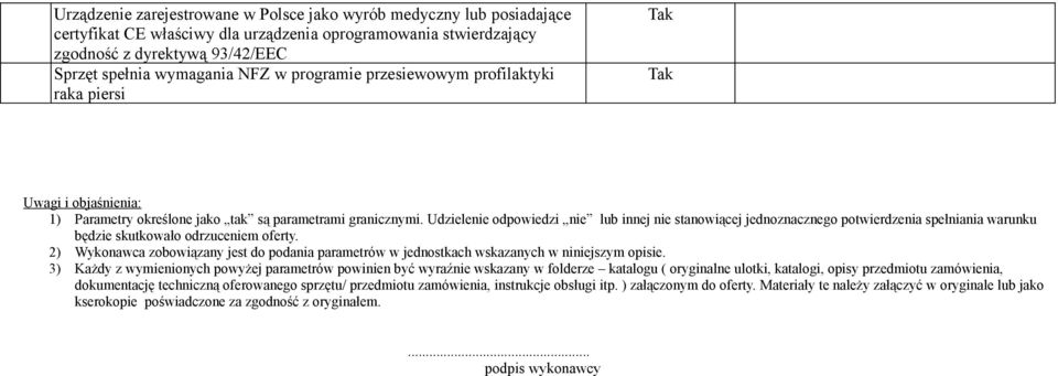 Udzielenie odpowiedzi nie lub innej nie stanowiącej jednoznacznego potwierdzenia spełniania warunku będzie skutkowało odrzuceniem oferty.