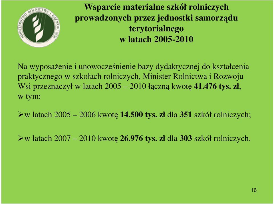 Rolnictwa i Rozwoju Wsi przeznaczył w latach 2005 2010 łączną kwotę 41.476 tys.