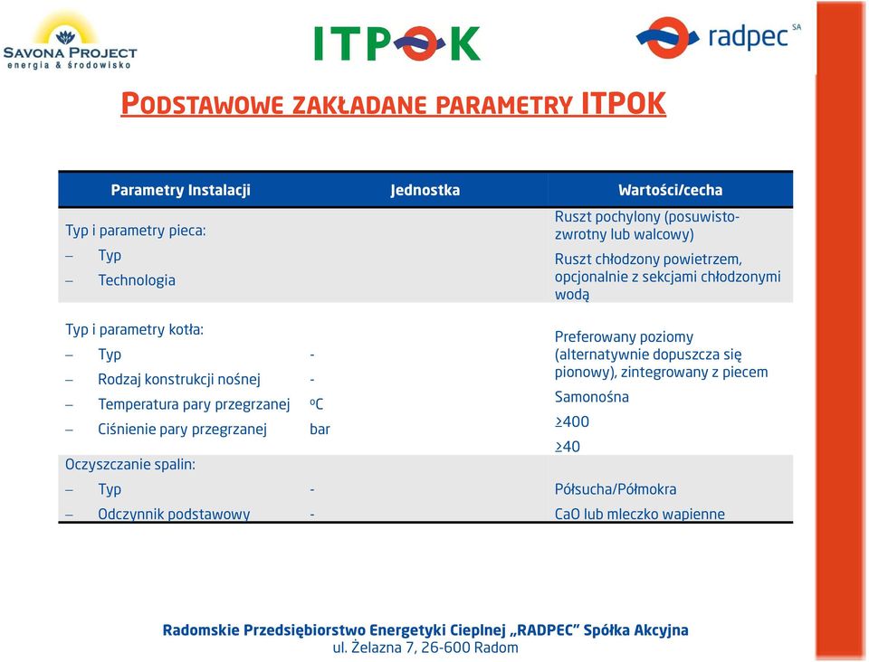 Rodzaj konstrukcji nośnej Temperatura pary przegrzanej Ciśnienie pary przegrzanej Oczyszczanie spalin: Typ Odczynnik podstawowy - - o C