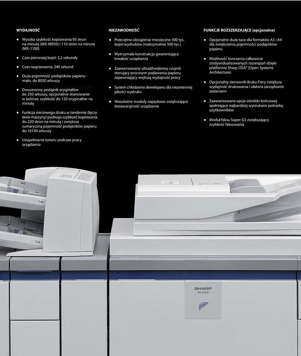 tandemie (łączy dwie maszyny) podwaja szybkość kopiowania do 220 stron na minutę i zwiększa sumaryczną pojemność podajników papieru do 16100 arkuszy Uzupełnianie toneru podczas pracy urządzenia