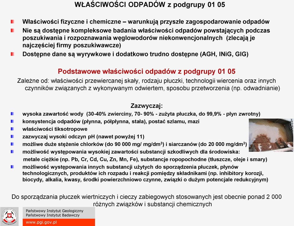 właściwości odpadów z podgrupy 01 05 Zależne od: właściwości przewiercanej skały, rodzaju płuczki, technologii wiercenia oraz innych czynników związanych z wykonywanym odwiertem, sposobu