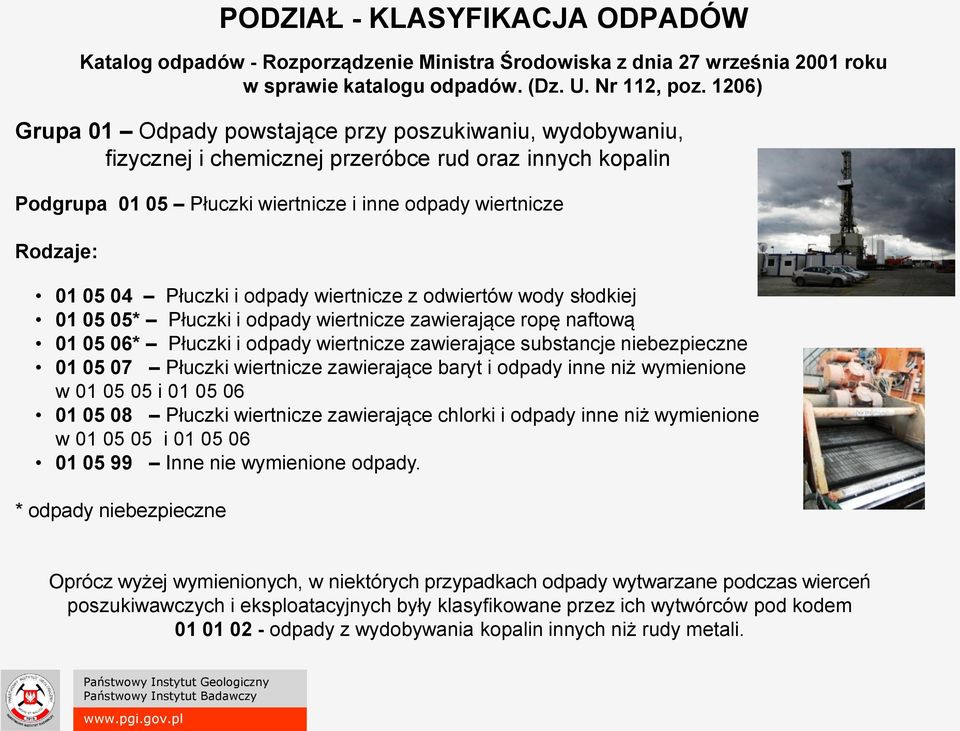 Płuczki i odpady wiertnicze z odwiertów wody słodkiej 01 05 05* Płuczki i odpady wiertnicze zawierające ropę naftową 01 05 06* Płuczki i odpady wiertnicze zawierające substancje niebezpieczne 01 05