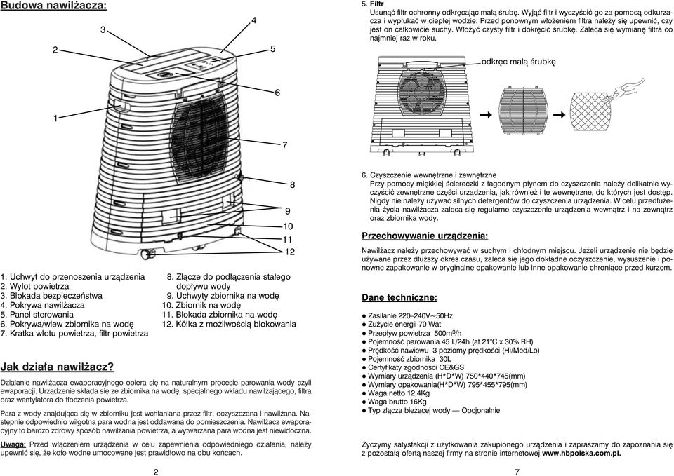 Uchwyt do przenoszenia urządzenia 2. Wylot powietrza 3. Blokada bezpieczeństwa 4. Pokrywa nawilżacza 5. Panel sterowania 6. Pokrywa/wlew zbiornika na wodę 7.