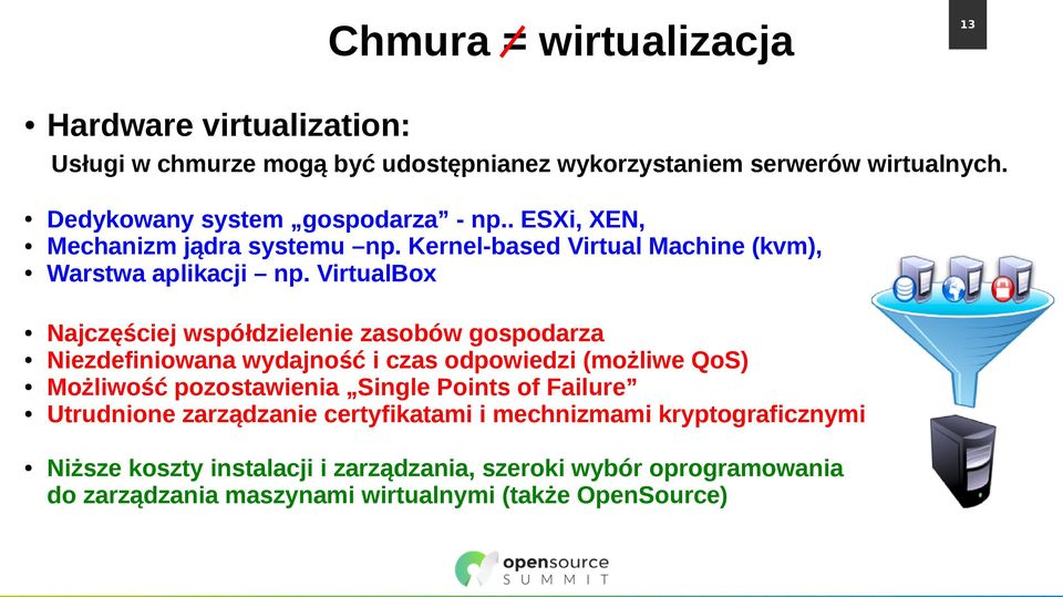 VirtualBox Najczęściej współdzielenie zasobów gospodarza Niezdefiniowana wydajność i czas odpowiedzi (możliwe QoS) Możliwość pozostawienia Single Points