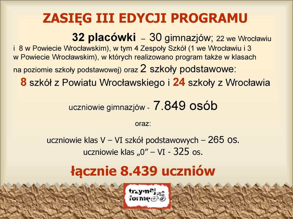 podstawowej) oraz 2 szkoły podstawowe: 8 szkół z Powiatu Wrocławskiego i 24 szkoły z Wrocławia uczniowie gimnazjów
