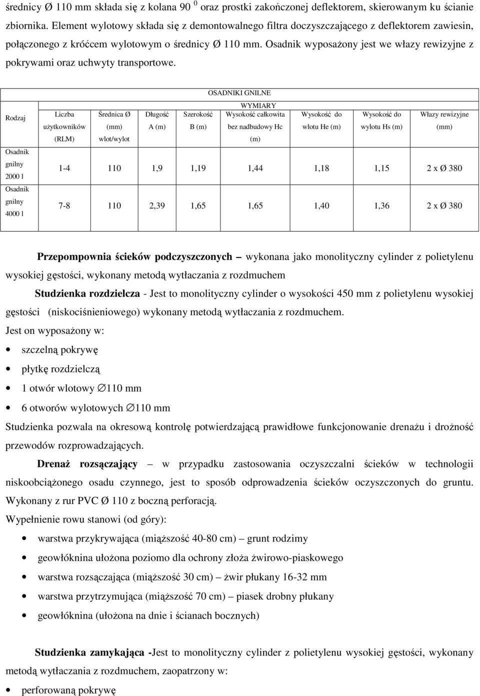Osadnik wyposaŝony jest we włazy rewizyjne z pokrywami oraz uchwyty transportowe.
