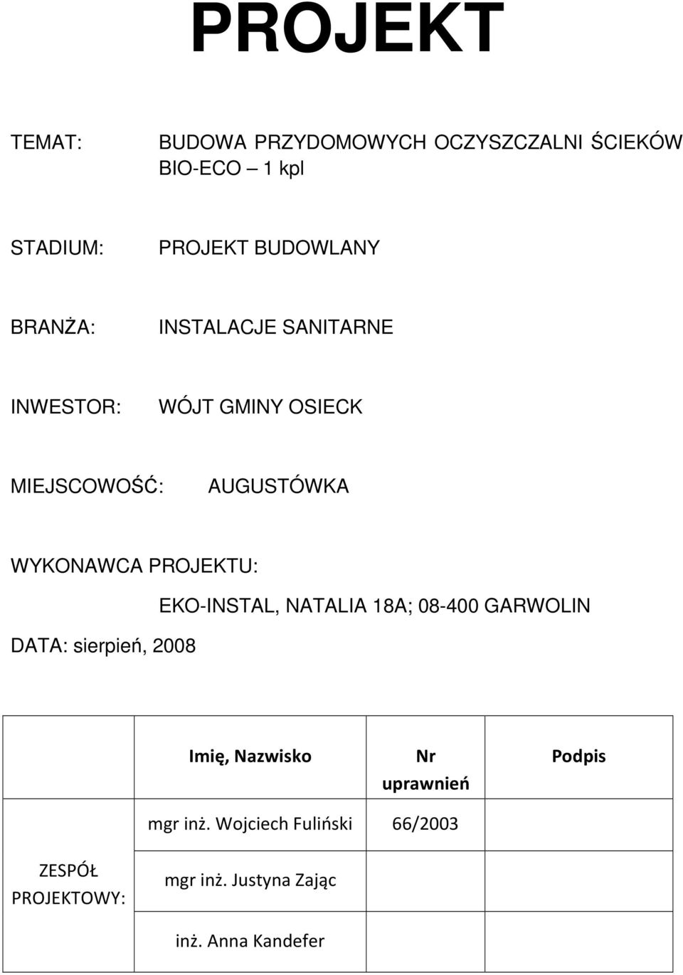 PROJEKTU: DATA: sierpień, 2008 EKO-INSTAL, NATALIA 18A; 08-400 GARWOLIN Imię, Nazwisko Nr