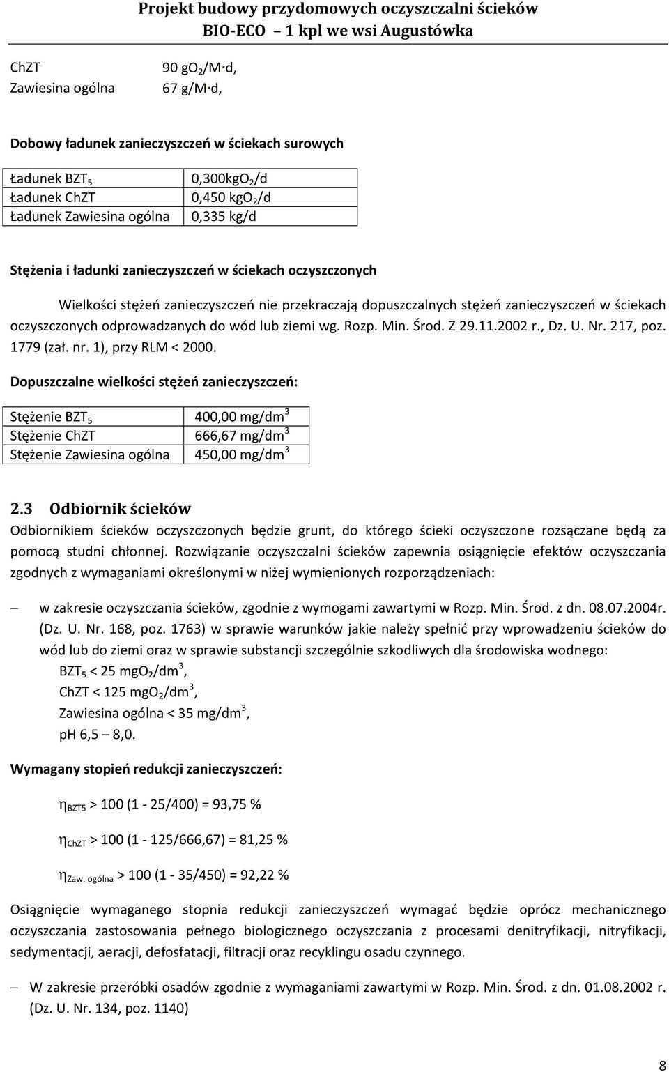 oczyszczonych odprowadzanych do wód lub ziemi wg. Rozp. Min. Środ. Z 29.11.2002 r., Dz. U. Nr. 217, poz. 1779 (zał. nr. 1), przy RLM < 2000.