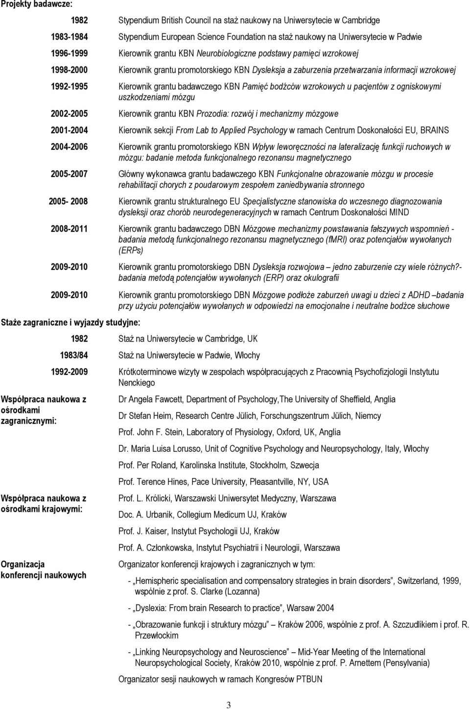 badawczego KBN Pamięć bodźców wzrokowych u pacjentów z ogniskowymi uszkodzeniami mózgu 2002-2005 Kierownik grantu KBN Prozodia: rozwój i mechanizmy mózgowe 2001-2004 Kierownik sekcji From Lab to
