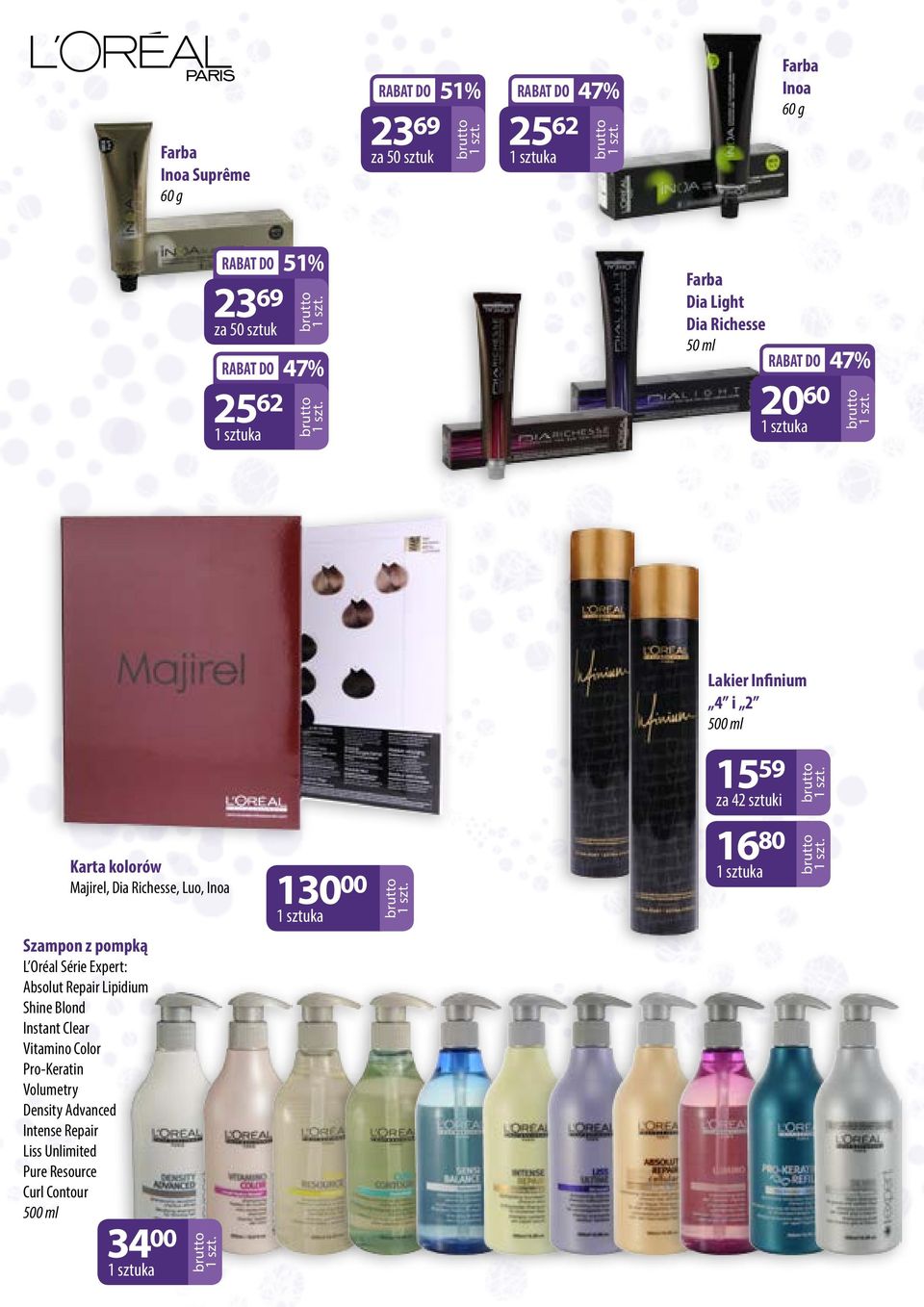 Majirel, Dia Richesse, Luo, Inoa 130 00 16 80 Szampon z pompką L Oréal Série Expert: Absolut Repair Lipidium Shine Blond Instant