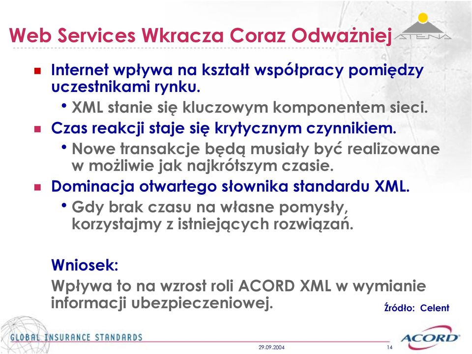 hnowe transakcje będą musiały być realizowane w możliwie jak najkrótszym czasie. Dominacja otwarteo słownika standardu XML.