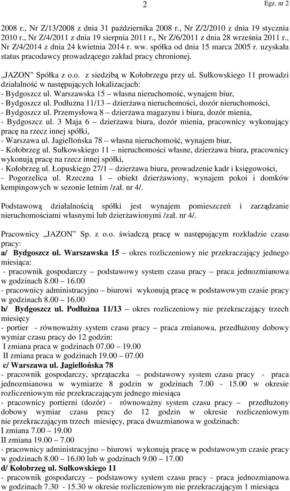 Sułkowskiego 11 prowadzi działalność w następujących lokalizacjach: - Bydgoszcz ul. Warszawska 15 własna nieruchomość, wynajem biur, - Bydgoszcz ul.