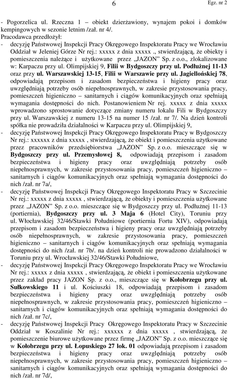 , stwierdzającą, że obiekty i pomieszczenia należące i użytkowane przez JAZON Sp. z o.o., zlokalizowane w: Karpaczu przy ul. Olimpijskiej 9, Filii w Bydgoszczy przy ul. Podłużnej 11-13 oraz przy ul.