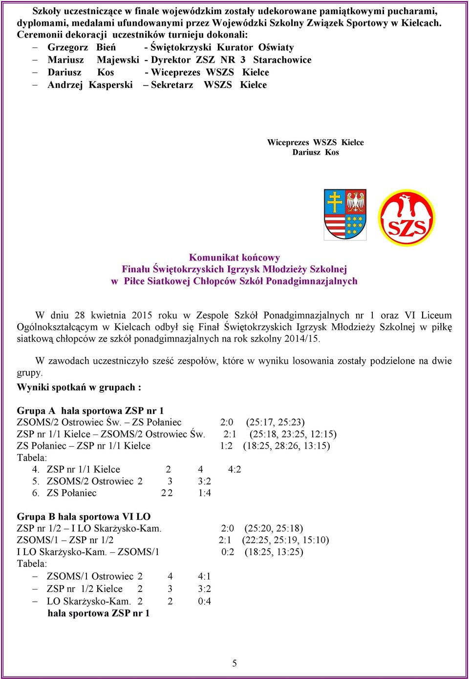 Kasperski Sekretarz WSZS Kielce Wiceprezes WSZS Kielce Dariusz Kos Komunikat końcowy Finału Świętokrzyskich Igrzysk Młodzieży Szkolnej w Piłce Siatkowej Chłopców Szkół Ponadgimnazjalnych W dniu 28